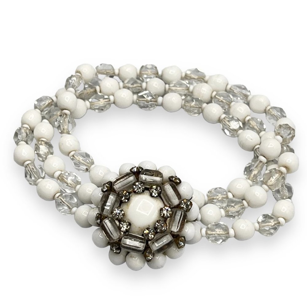 Vtg White Milk Glass & Faceted Crystal Bead Multi-Strand Bracelet w/Fancy Clasp